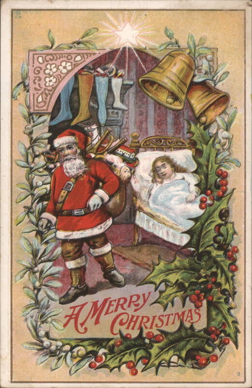 Santa Claus with Sleeping Child and Toys, A Merry Christmas