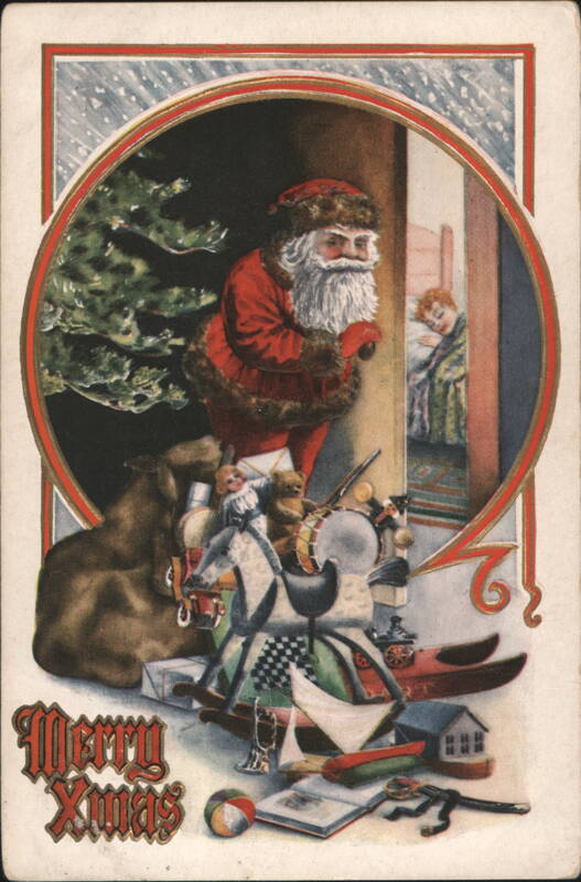 Santa Claus Delivering Toys to Sleeping Child, Merry Xmas