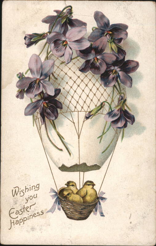 Wishing you Easter Happiness Hot Air Balloon with Violets and Chicks