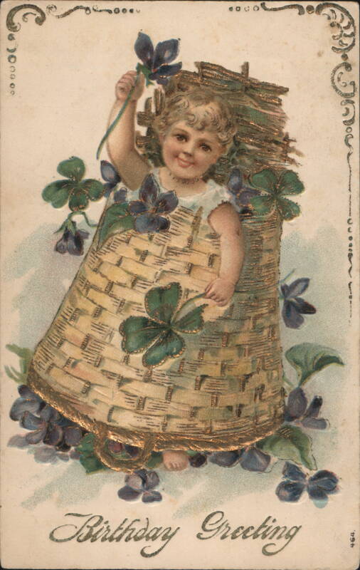 Birthday Greeting with Child in Basket of Violets