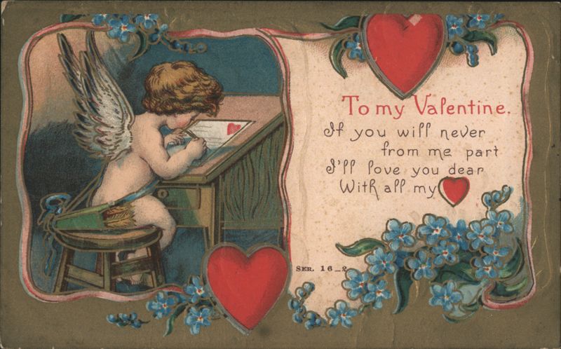Cherub Writing Valentine Poem with Hearts and Forget-Me-Nots