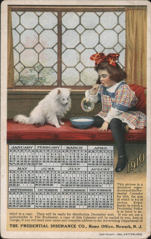 Girl Blowing Bubbles with Dog, 1910 Prudential Calendar