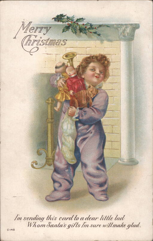 Merry Christmas Child in Pajamas with Toys Children