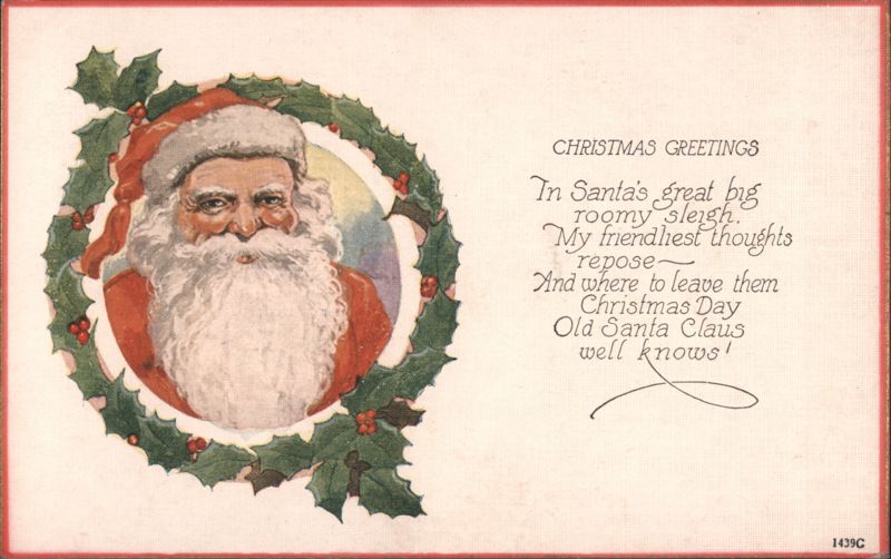 Santa Claus in Holly Wreath Christmas Greetings