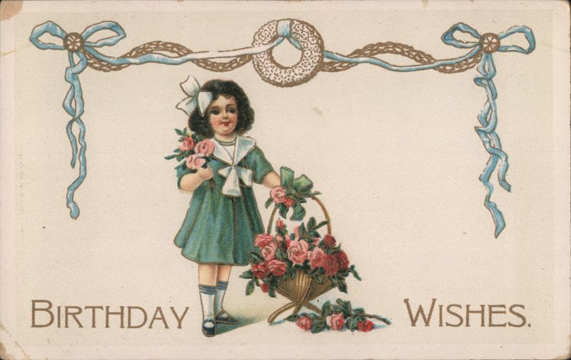 Birthday Wishes with Young Girl and Basket of Roses