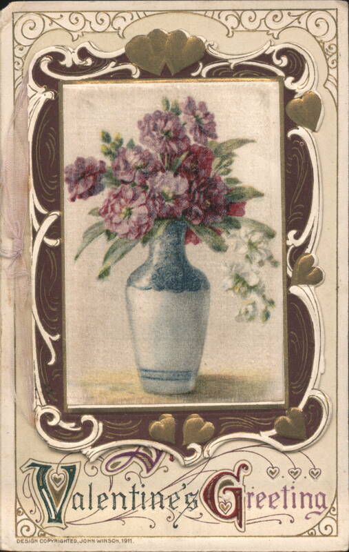 Valentine's Greeting with Vase of Flowers and Hearts
