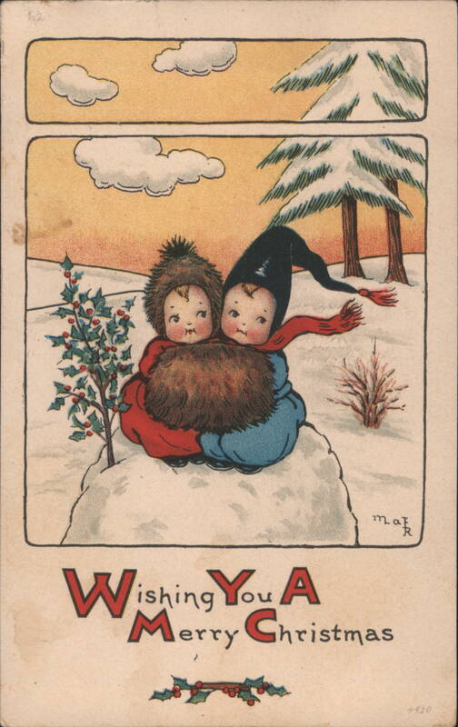 Bundled Children in Snow Wishing You A Merry Christmas