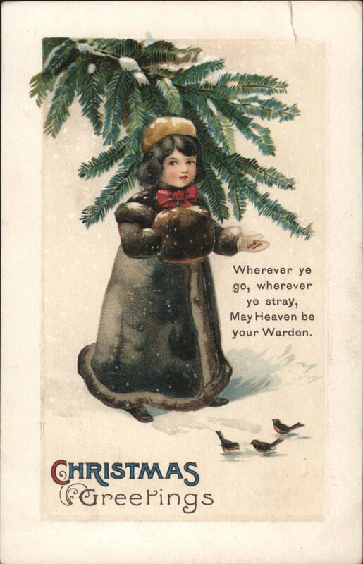Girl in Snow with Birds and Pine Branches, Christmas Greetings