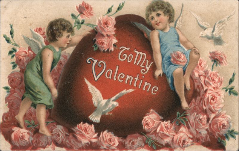 Two Cherubs with "To My Valentine" Heart and Roses