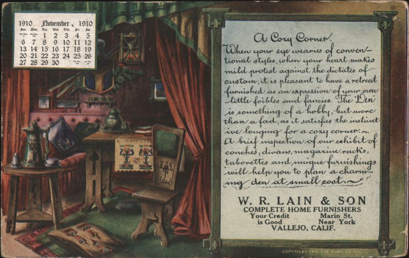 W. R. Lain & Son Home Furnishers, A Cozy Corner, November 1910 Calendar Vallejo California