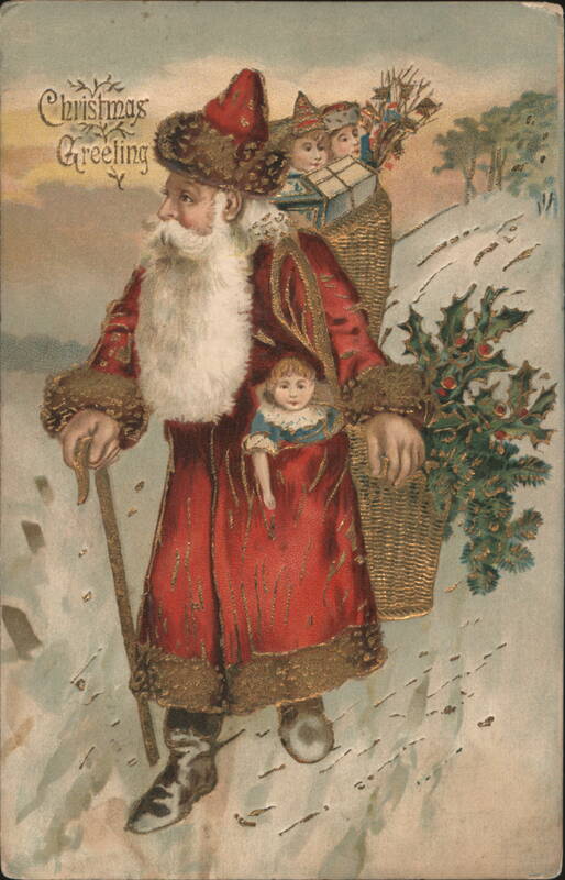 Santa Claus with Toys and Children in Basket, Christmas Greeting