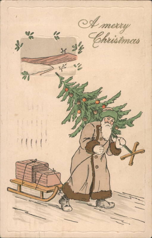 Santa Claus Carrying Christmas Tree and Sled with Presents