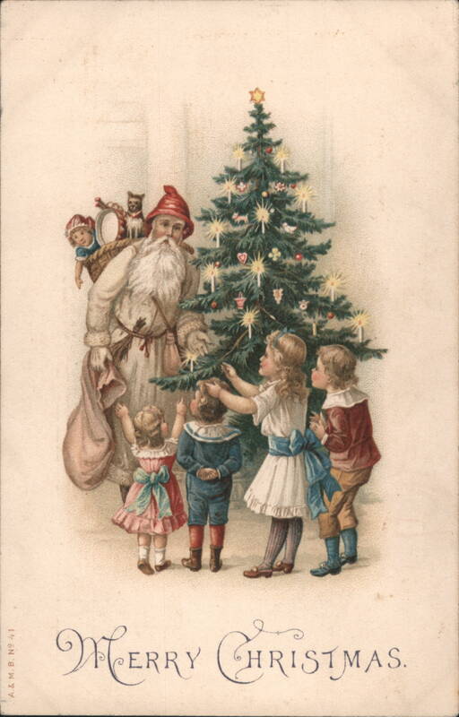 Santa Claus and Children Decorating Christmas Tree