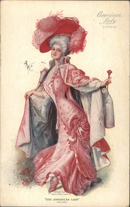 American Lady Corsets Ad, Woman in Pink Dress & Feathered Hat Seattle Washington
