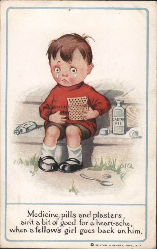 Crying Boy with Castor Oil and Heartache Poem Comic, Funny