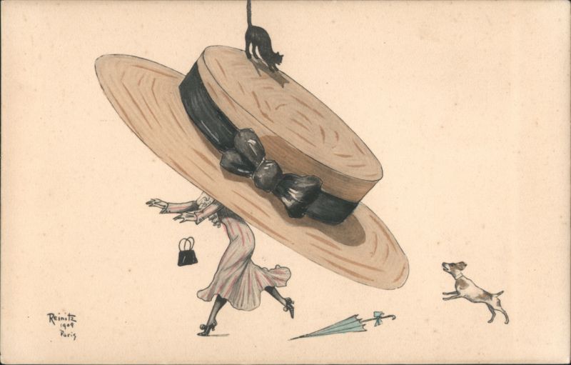 Comic Scene: Woman with Oversized Hat, Cat, and Dog