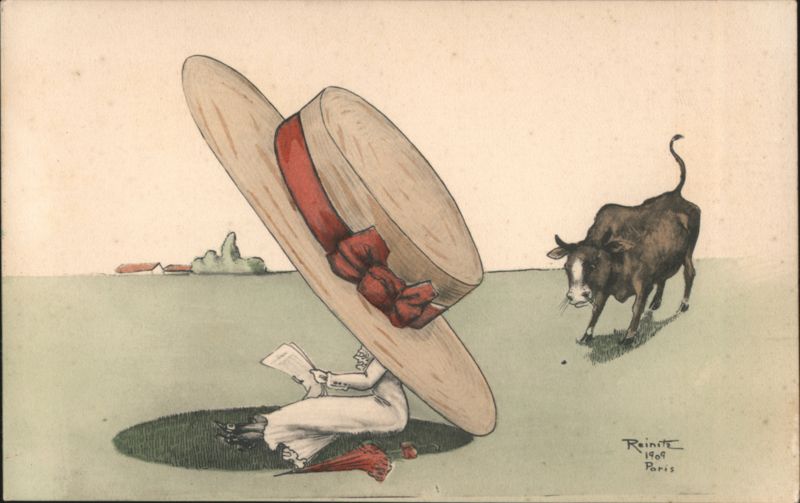 Woman Reading Under Giant Hat with Curious Cow Reinitz