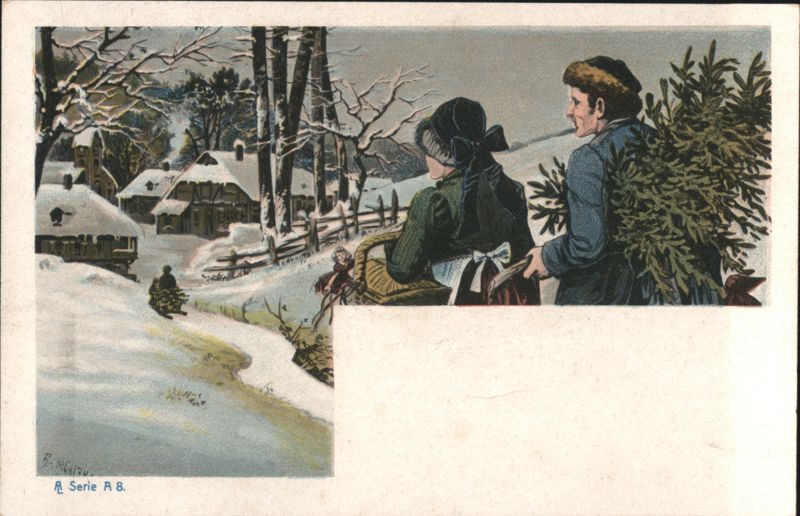 Couple Carrying Christmas Tree in Snowy Village R. Menou.
