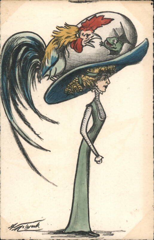 Woman in Elaborate Hat with Rooster and Frog Caricature