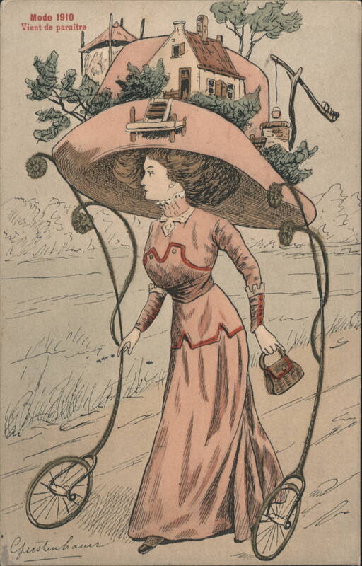 Mode 1910 Exaggerated Fashion Hat with House and Landscape