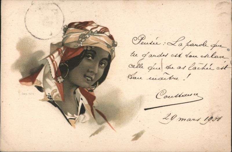 Woman in Headscarf with French Philosophical Quote