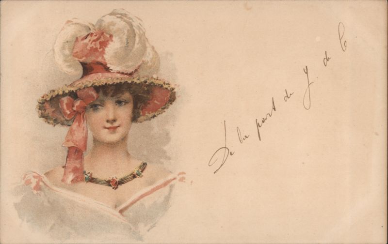 Woman in Large Feathered Hat with Pink Bow Women