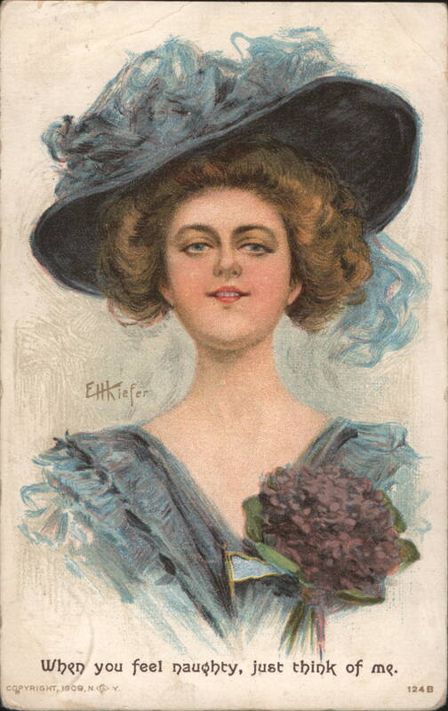 Woman in Blue Hat with Lilacs, 'When you feel naughty