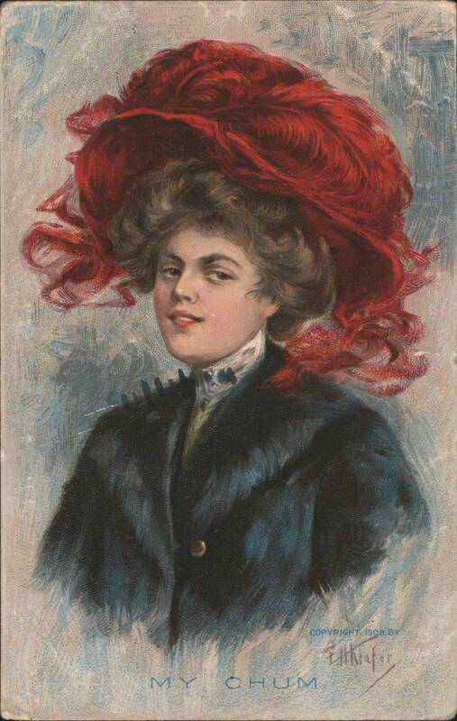 My Chum, Woman in Large Red Hat Artist Signed