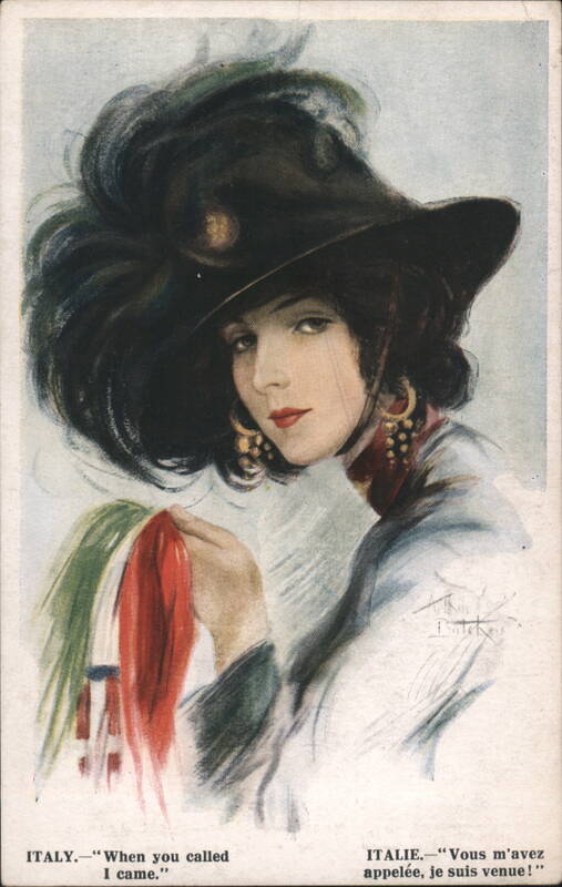 Woman in Hat Holding Italian Flag, 'When you called I came Italy