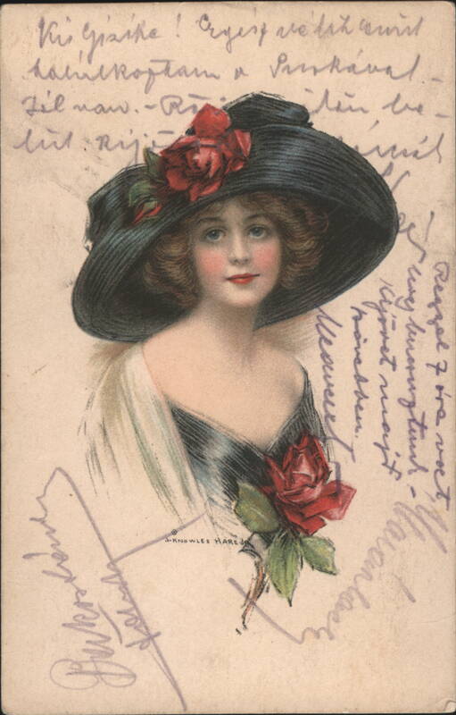 Woman in Large Black Hat with Red Roses J. KNOWLES HARE