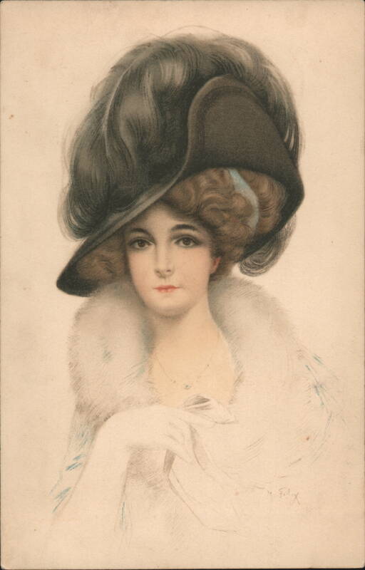 Art Nouveau Woman in Large Feathered Hat and White Fur Stole