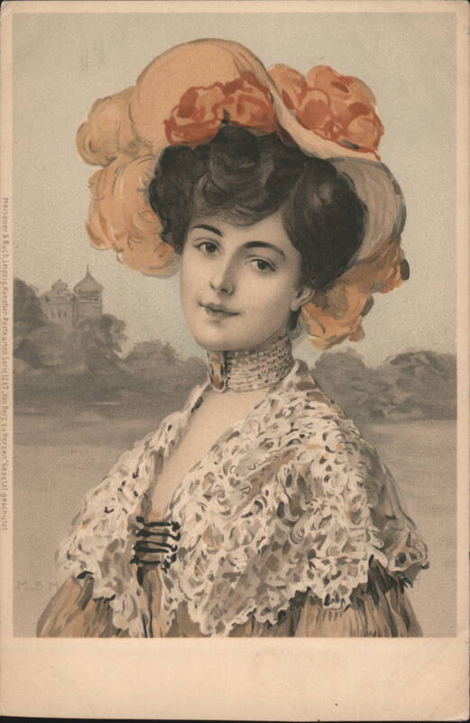 Woman in Large Floral Hat and Lace Shawl Women