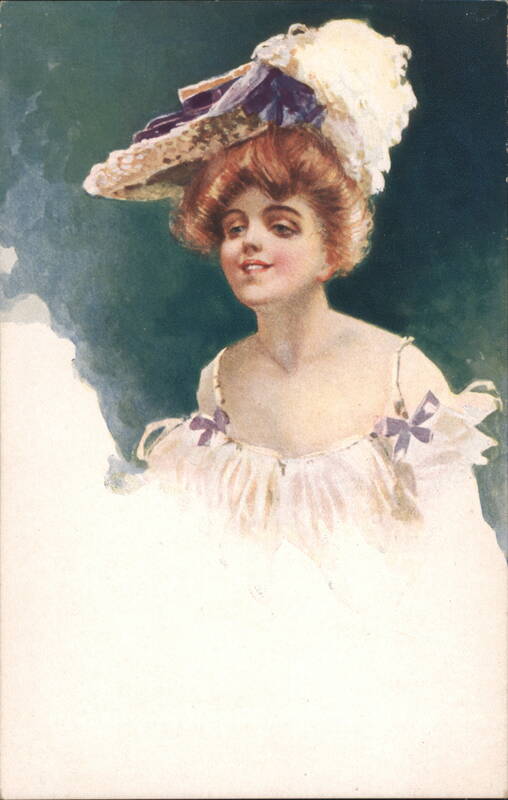 Elegant Woman in White Dress and Ornate Hat with Purple Bows