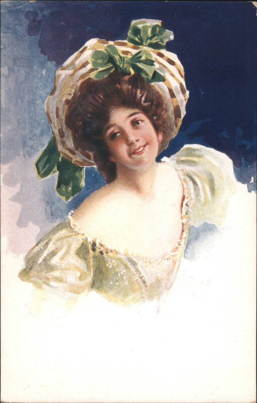 Smiling Young Woman in Large Hat with Green Bow Women