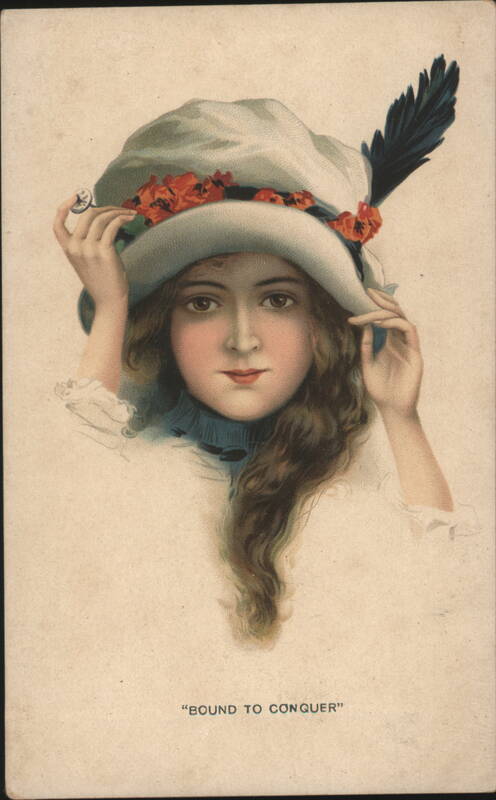 Young Woman in Hat with Flowers and Feather, Bound to Conquer