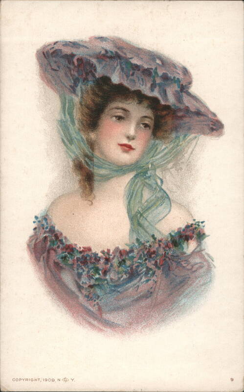 Elegant Woman in Large Purple Hat and Blue Scarf, Art Nouveau Style