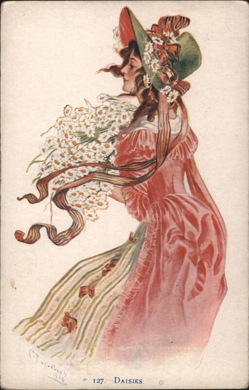 Art Nouveau Woman with Daisies Bouquet C.T. Wardeeds