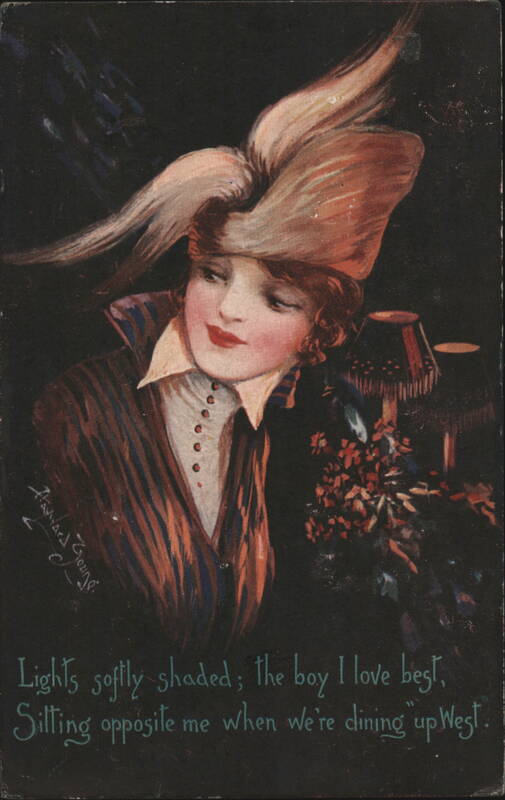 Woman in Large Feathered Hat with Romantic Verse