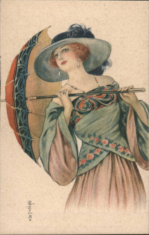 Elegant Woman with Parasol in Art Nouveau Style E. C. Lombo