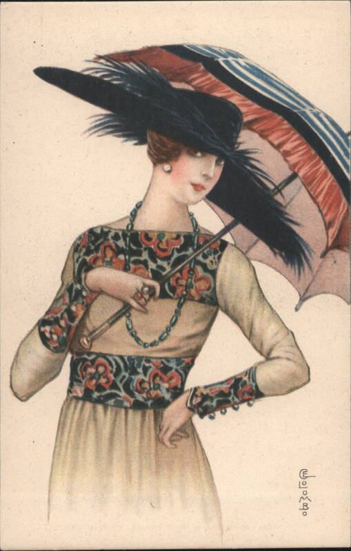 Elegant Woman in Feathered Hat, Patterned Dress, and Umbrella