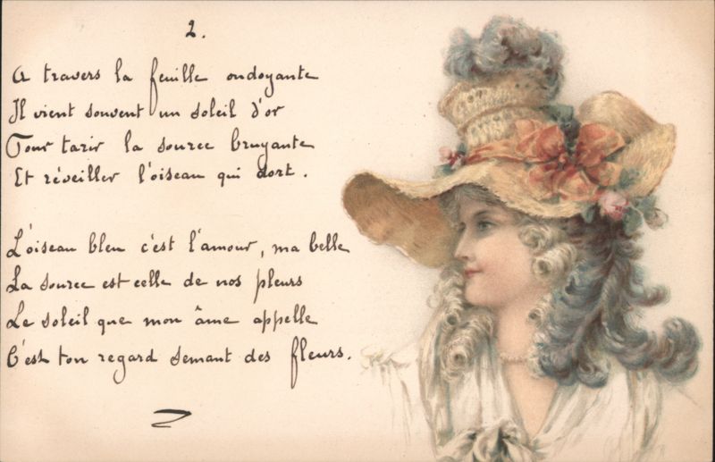 Elegant Woman in Flowered Hat with French Poem Women