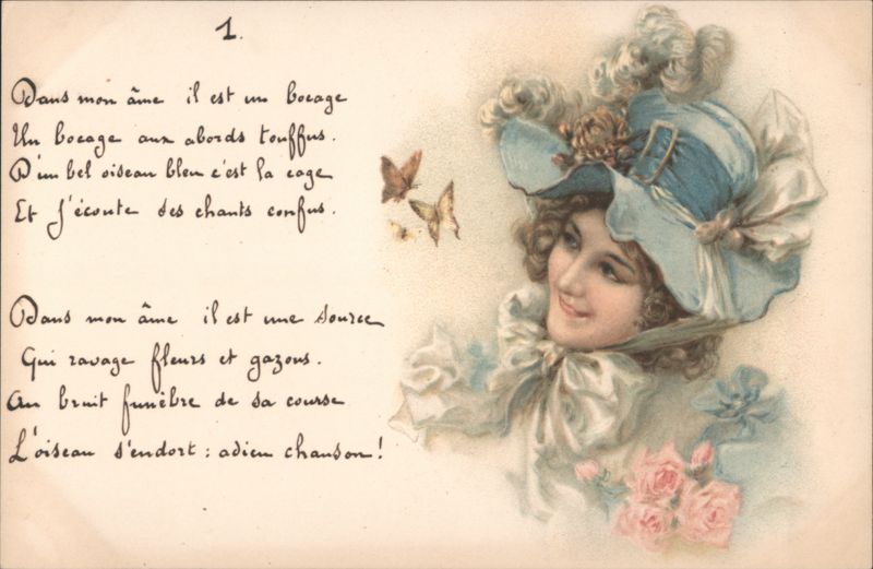 Woman in Blue Hat, Butterflies, and French Poem Women