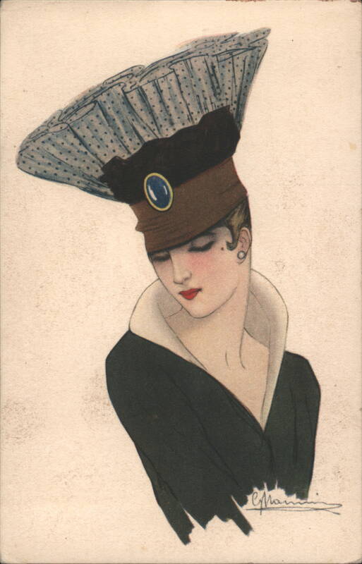 Woman in Elaborate Hat with Blue Jewel and Pleated Fan
