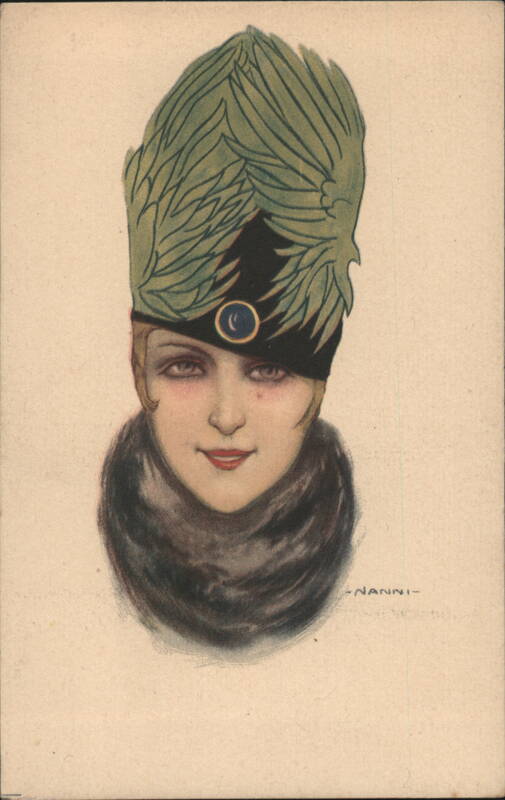 Woman in Flapper Era Hat with Green Feathers and Fur Collar