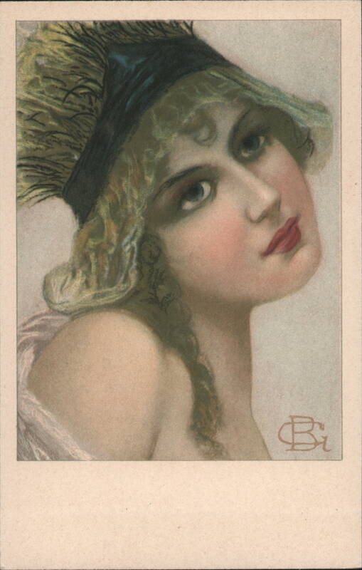 Art Nouveau Woman with Red Lips and Stylized Monogram