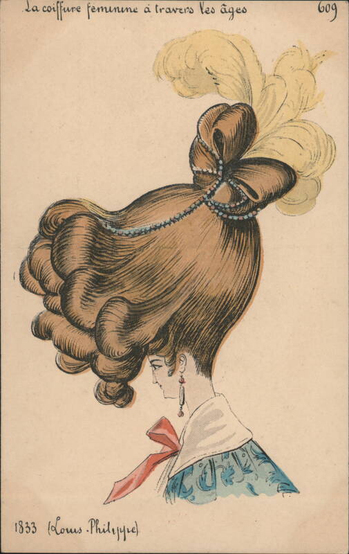 Female Hairstyle 1833 Louis-Philippe Era with Feathers and Pearls