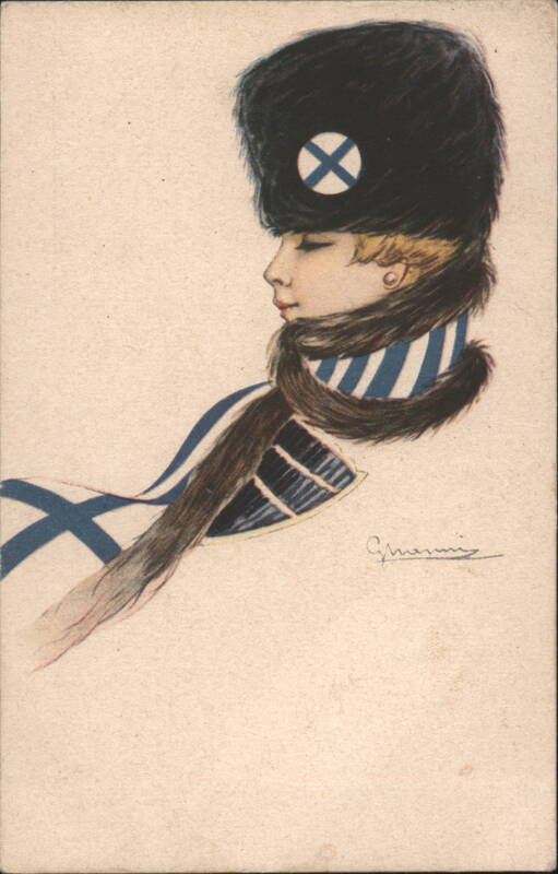 G. Marini Illustration of Woman in Fur Hat and Striped Scarf
