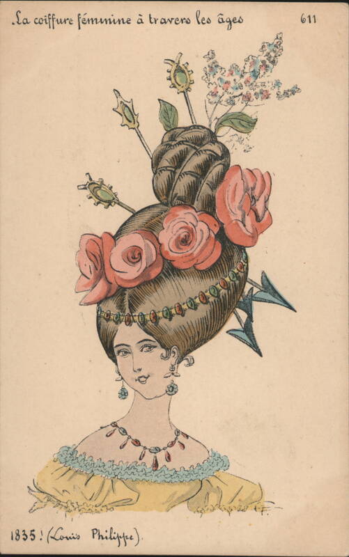 1835 Louis Philippe Era Elaborate Hairstyle with Roses and Pins