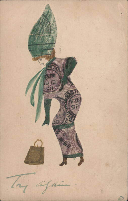 Stamp Montage Woman Dress with Tall Hat, Try Again United Kingdom