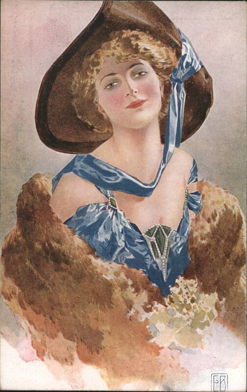 Woman in Wide-Brimmed Hat, Blue Dress, and Fur Stole